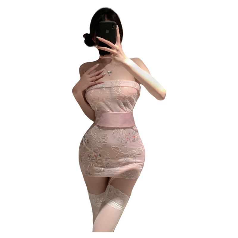 Image of Transparent embroidery erotic lingerie sexy Japanese bra wrap kimono uniform temptation passion suit date robe 1116